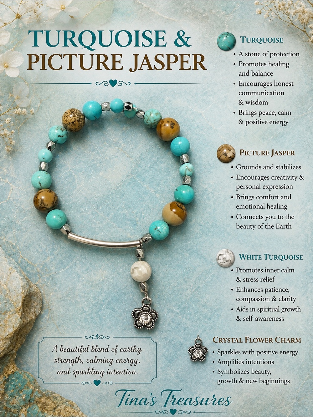 Turquoise & Picture Jasper Beaded Bracelet with Crystal Flower Charm